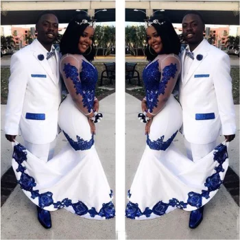 New White Satin Royal Blue Lace Aso Ebi African Dresses Long Illusion Sleeves Applique Formal Gowns Pageant Wedding Dress